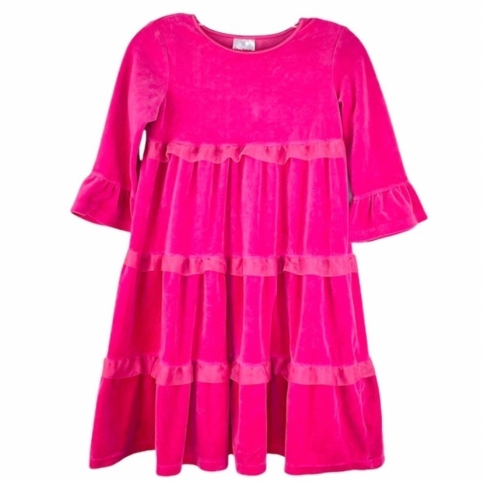 Hanna Andersson Pink Tiered Tulle Ruffle Velvet Velour Girls Twirl Dress 140